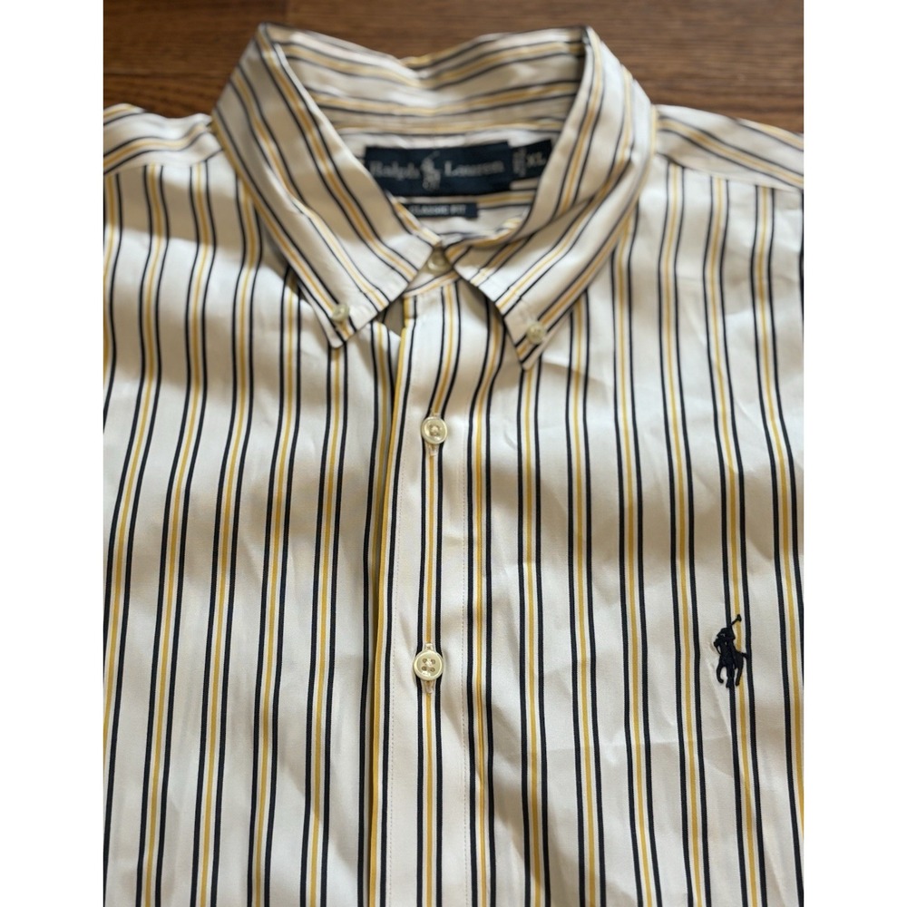 Vintage Ralph Lauren Shirt Mens XL Yellow White Striped Button Down Custom Fit